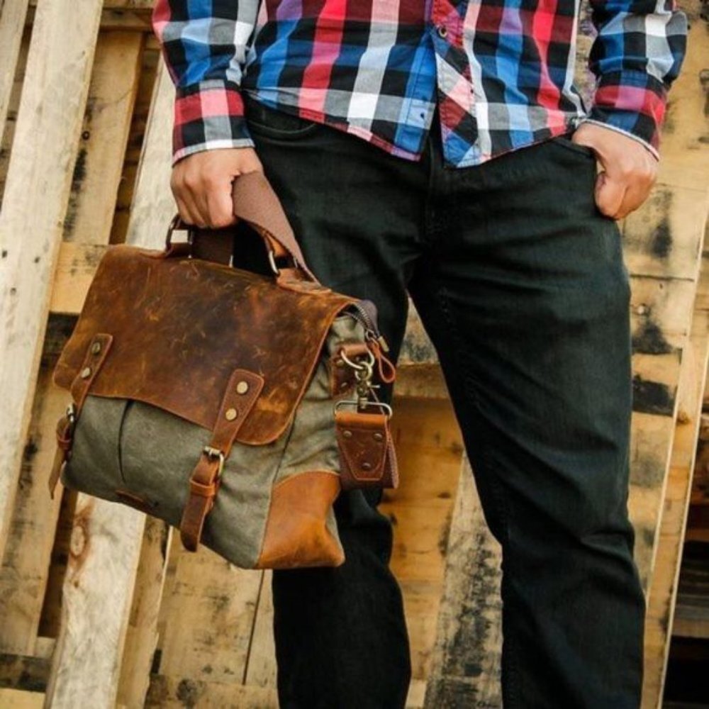 NEW Genuine Leather Canvas Messenger Bag Green​ - Picture 4 of 10